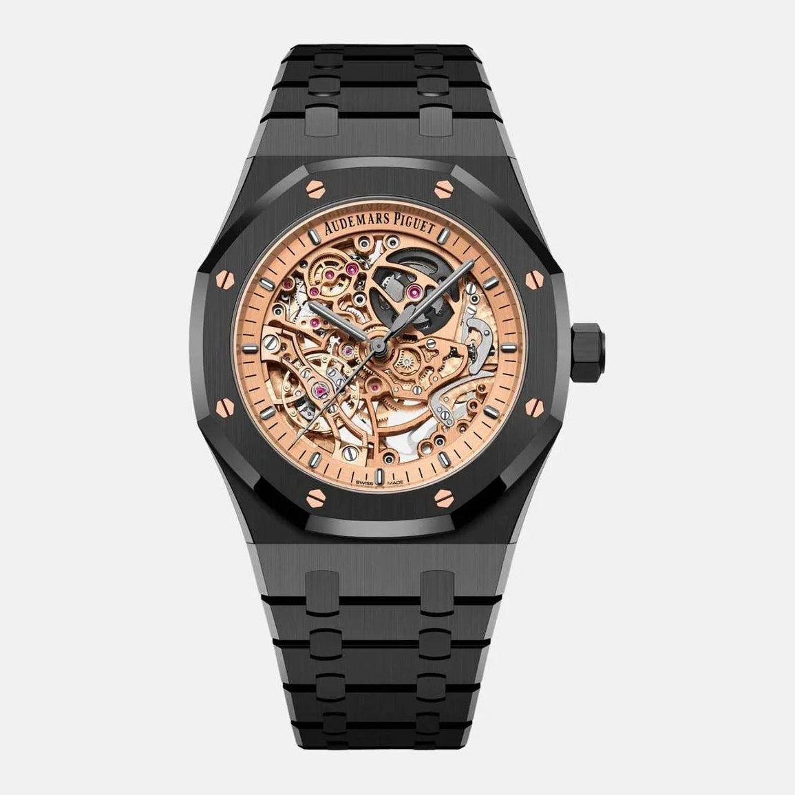 Audemars Piguet Royal Oak 15416CE.OO.1225CE.02 men's automatic watch, openworked dial, black ceramic bracelet – full front view