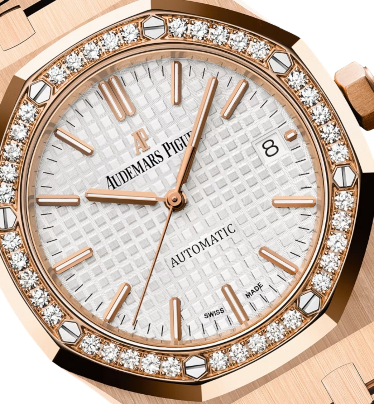 Audemars Piguet Royal Oak 15451OR.ZZ.1256OR.01 women's automatic watch, silver dial, diamond bezel, rose gold bracelet – dial close-up
