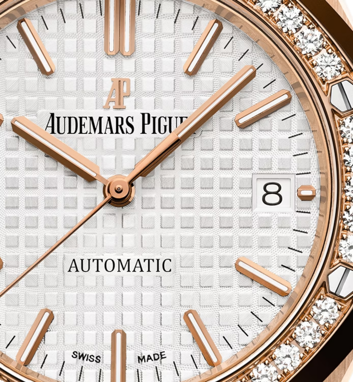 Audemars Piguet Royal Oak 15451OR.ZZ.1256OR.01 women's automatic watch, silver dial, diamond bezel, rose gold bracelet – dial detail close-up