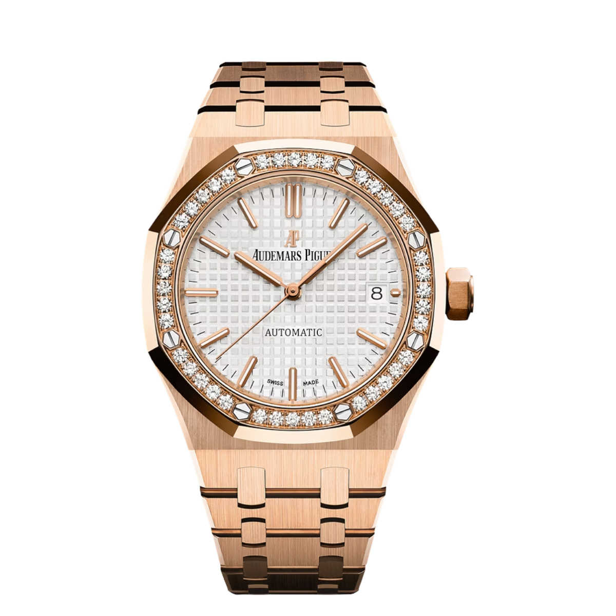 Audemars Piguet Royal Oak 15451OR.ZZ.1256OR.01 women's automatic watch, silver dial, diamond bezel, rose gold bracelet – full front view