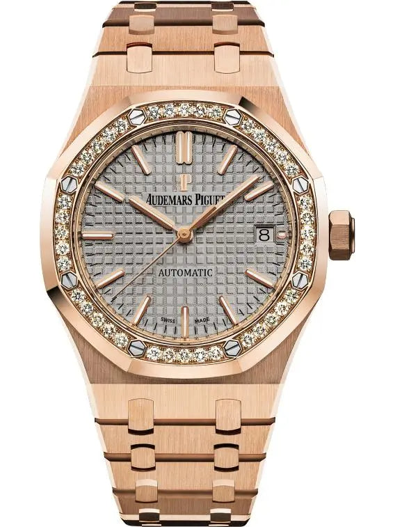 Audemars Piguet Royal Oak 15451OR.ZZ.1256OR.02 women's automatic watch, grey dial, diamond bezel, rose gold bracelet – front view