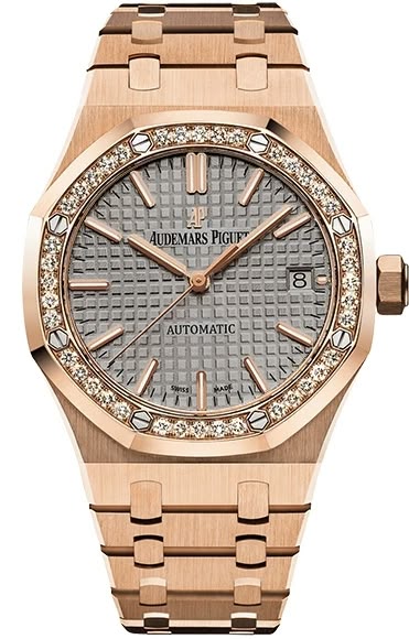 Audemars Piguet Royal Oak 15451OR.ZZ.1256OR.02 women's automatic watch, grey dial, diamond bezel, rose gold bracelet – full front view