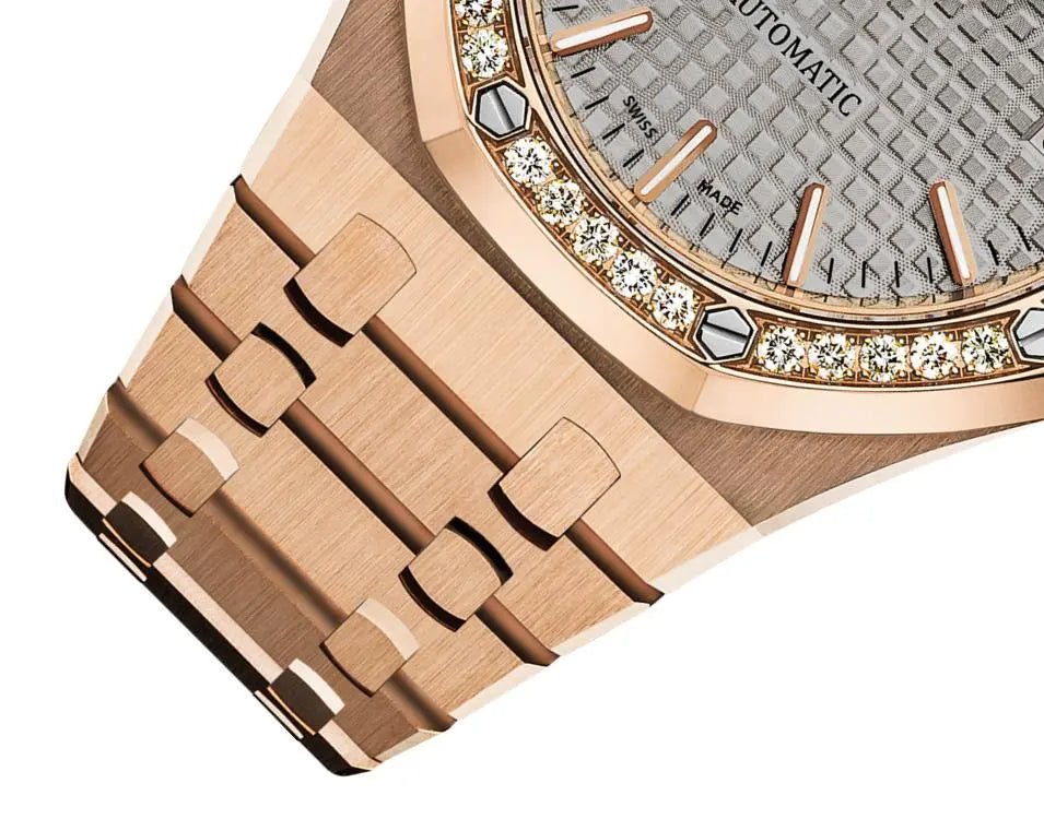 Audemars Piguet Royal Oak 15451OR.ZZ.1256OR.02 women's automatic watch, grey dial, diamond bezel, rose gold bracelet – side close-up