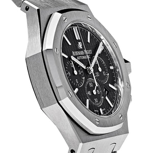 Audemars Piguet Royal Oak 26320ST.OO.1220ST.01 men's chronograph watch, black dial, silver stainless steel bracelet – angle close-up