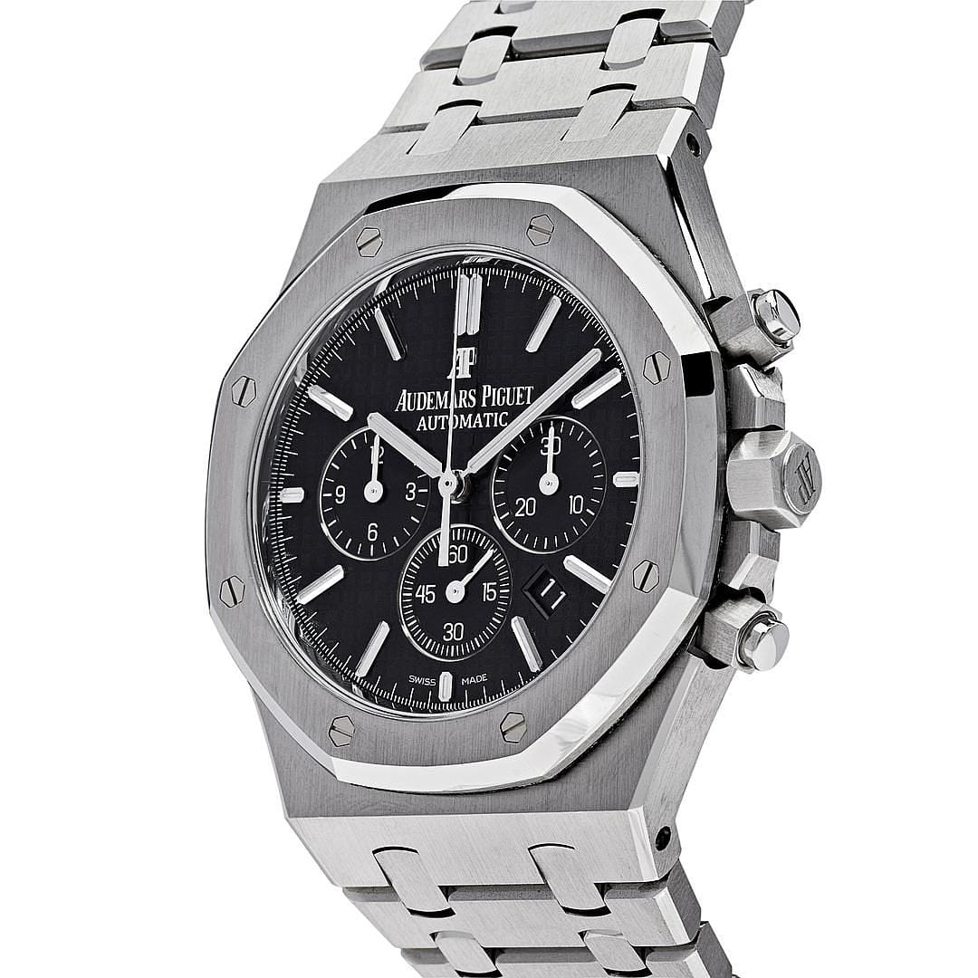 Audemars Piguet Royal Oak 26320ST.OO.1220ST.01 men's chronograph watch, black dial, silver stainless steel bracelet – angle view