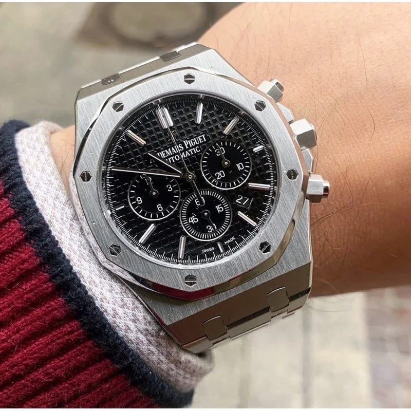 Audemars Piguet Royal Oak 26320ST.OO.1220ST.01 men's chronograph watch, black dial, silver stainless steel bracelet – on-wrist view