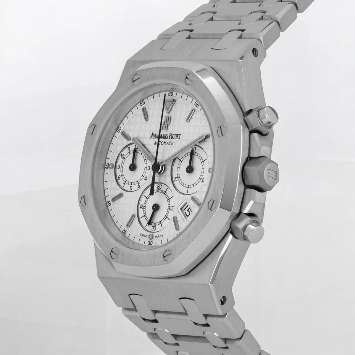 Audemars Piguet Royal Oak 26320ST.OO.1220ST.02 men's chronograph watch, silver dial, silver stainless steel bracelet – angle view