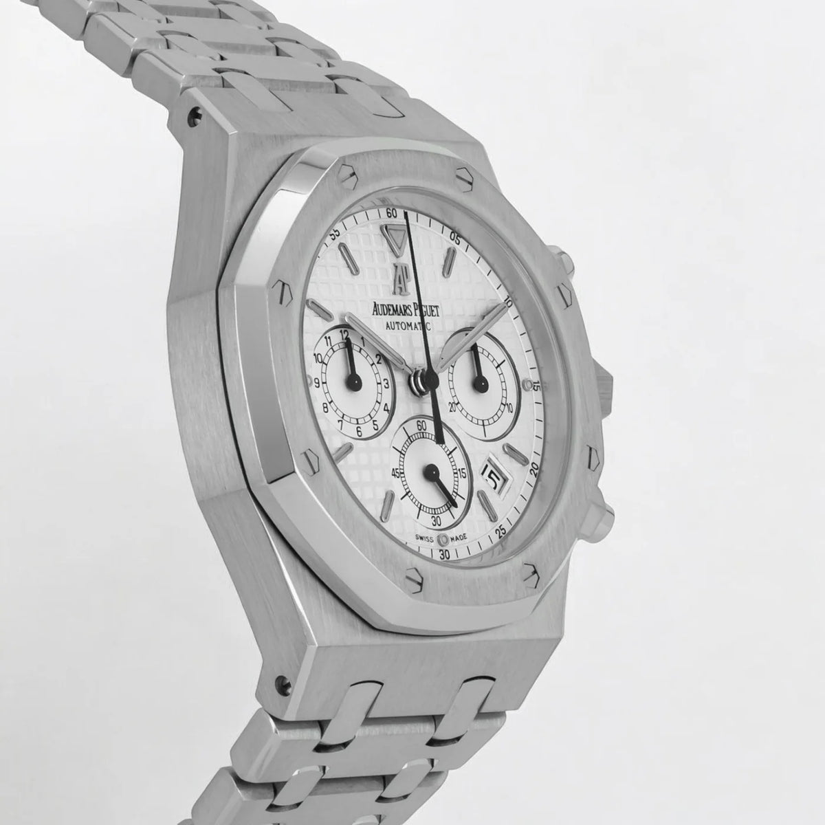 Audemars Piguet Royal Oak 26320ST.OO.1220ST.02 men's chronograph watch, silver dial, silver stainless steel bracelet – left angle view