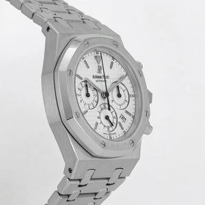 Audemars Piguet Royal Oak 26320ST.OO.1220ST.02 men's chronograph watch, silver dial, silver stainless steel bracelet – left angle view
