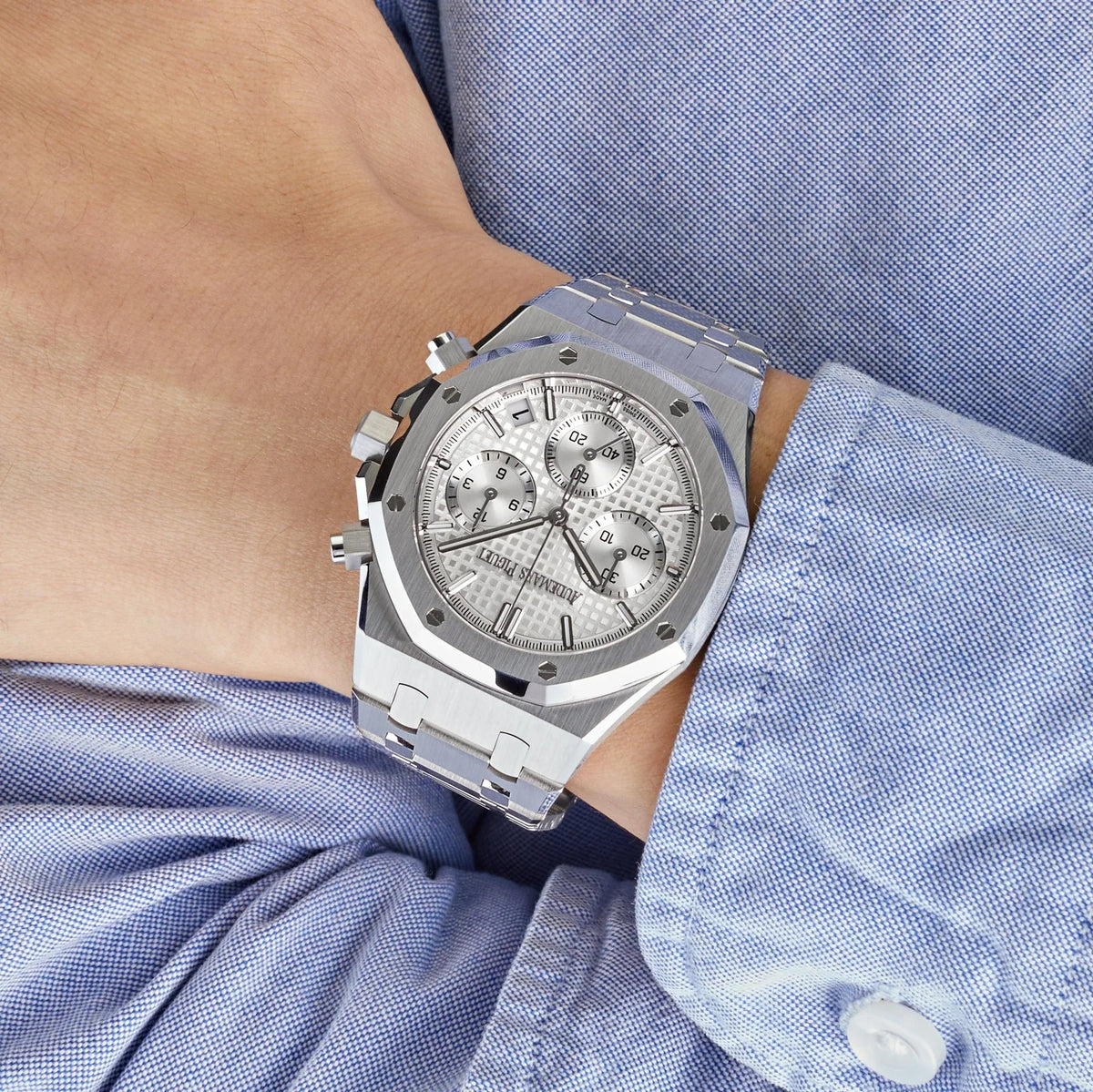 Audemars Piguet Royal Oak 26320ST.OO.1220ST.02 men's chronograph watch, silver dial, silver stainless steel bracelet – on-wrist view