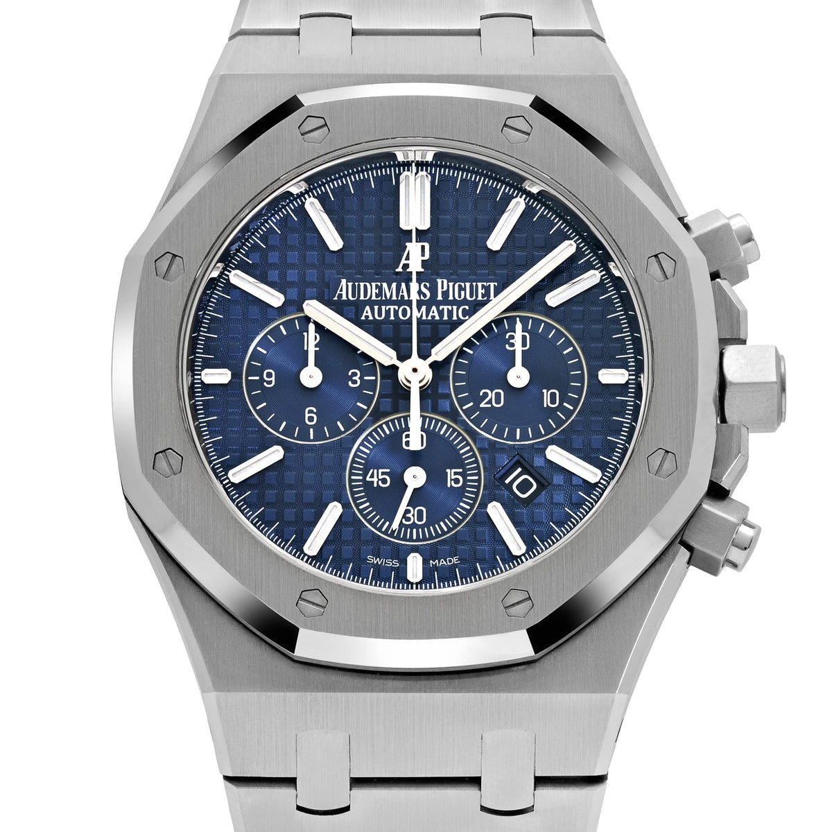 Audemars Piguet Royal Oak 26320ST.OO.1220ST.03 men's chronograph watch, blue dial, silver stainless steel bracelet – front detail view