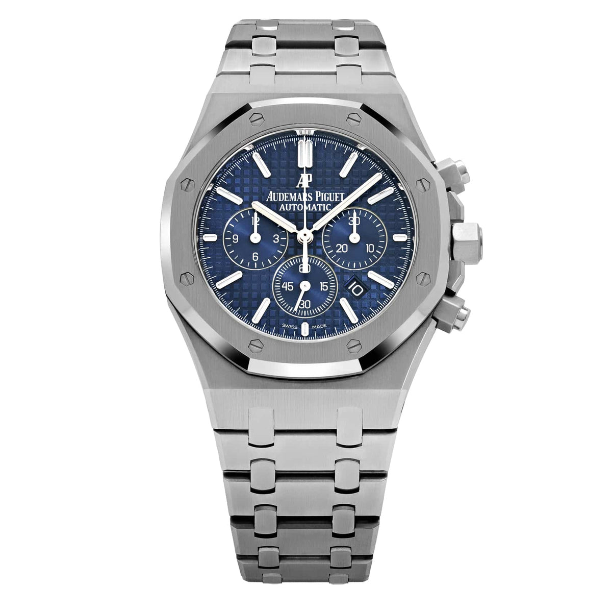 Audemars Piguet Royal Oak 26320ST.OO.1220ST.03 men's chronograph watch, blue dial, silver stainless steel bracelet – full front view