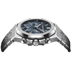 Audemars Piguet Royal Oak 26320ST.OO.1220ST.03 men's chronograph watch, blue dial, silver stainless steel bracelet – side profile view