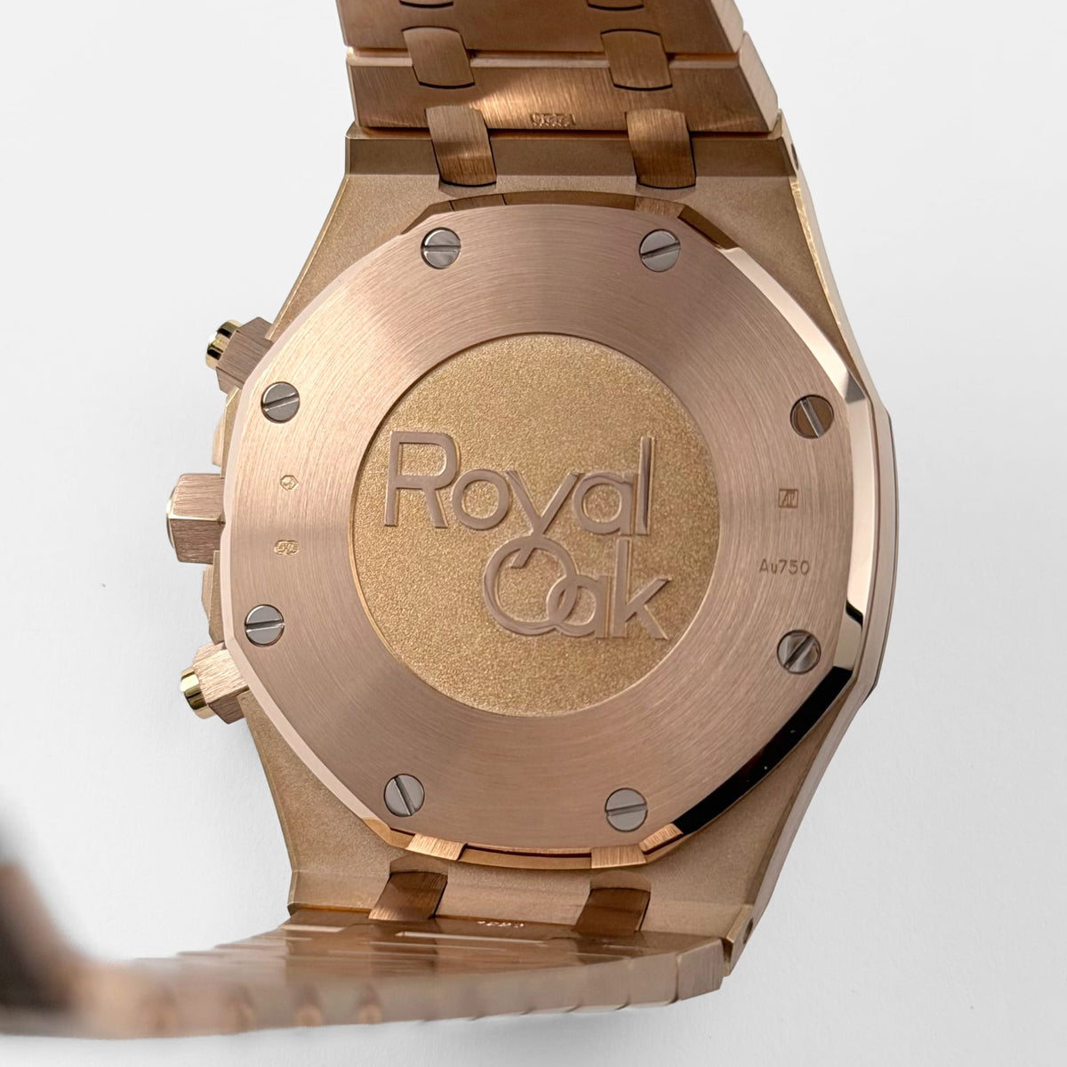 Audemars Piguet Royal Oak 26331OR.OO.1220OR.01 men's chronograph watch, blue dial, rose gold bracelet – caseback view
