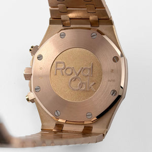 Audemars Piguet Royal Oak 26331OR.OO.1220OR.01 men's chronograph watch, blue dial, rose gold bracelet – caseback view
