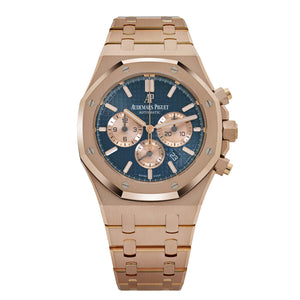 Audemars Piguet Royal Oak 26331OR.OO.1220OR.01 men's chronograph watch, blue dial, rose gold bracelet – front view