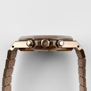 Audemars Piguet Royal Oak 26331OR.OO.1220OR.01 men's chronograph watch, blue dial, rose gold bracelet – side profile view