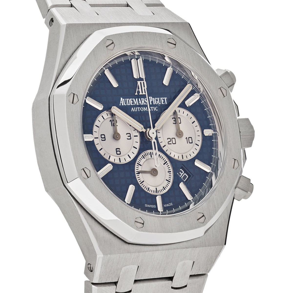 Audemars Piguet Royal Oak 26331ST.OO.1220ST.01 men's chronograph watch, blue dial, silver stainless steel bracelet – angle close-up