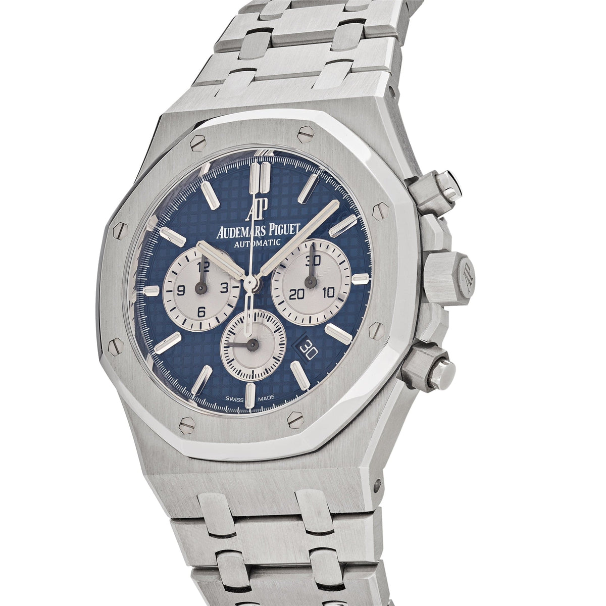 Audemars Piguet Royal Oak 26331ST.OO.1220ST.01 men's chronograph watch, blue dial, silver stainless steel bracelet – angle view