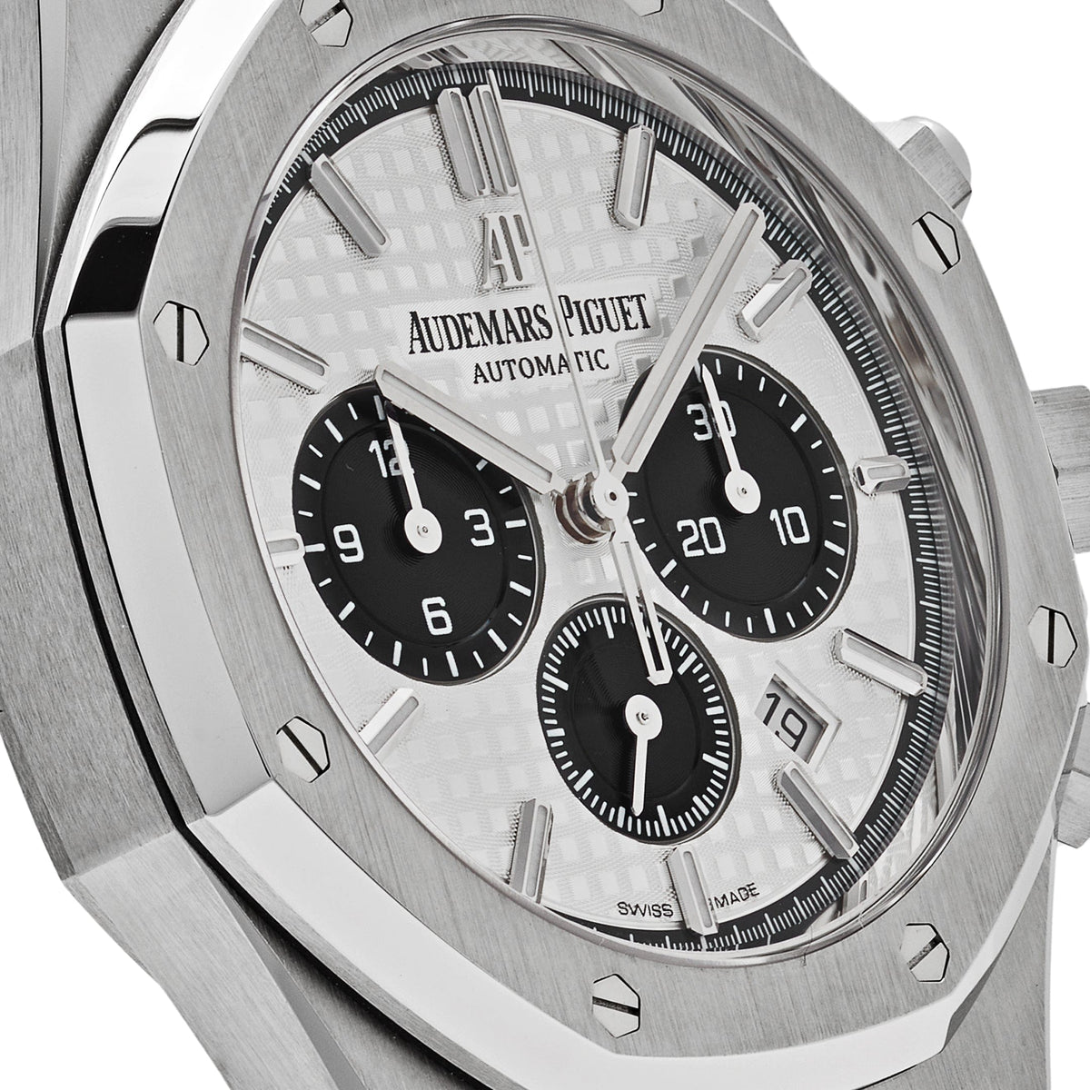 Audemars Piguet Royal Oak 26331ST.OO.1220ST.03 men's chronograph watch, silver dial, silver stainless steel bracelet – angle close-up