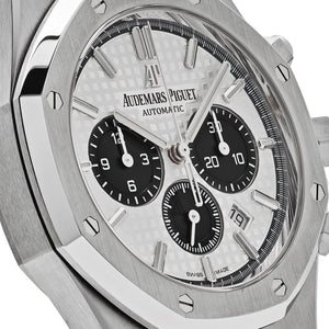 Audemars Piguet Royal Oak 26331ST.OO.1220ST.03 men's chronograph watch, silver dial, silver stainless steel bracelet – angle close-up
