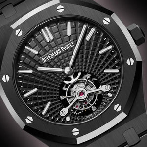 Audemars Piguet Royal Oak 26522CE.OO.1225CE.01 men's tourbillon watch, black dial, black ceramic bracelet – dial close-up on dark background