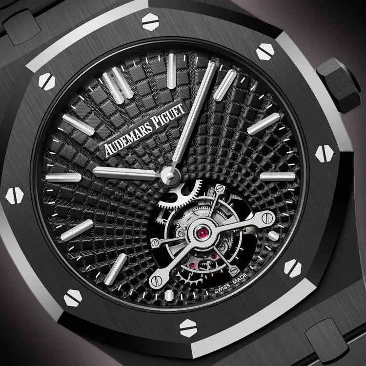 Audemars Piguet Royal Oak 26522CE.OO.1225CE.01 men's tourbillon watch, black dial, black ceramic bracelet – dial close-up on dark background