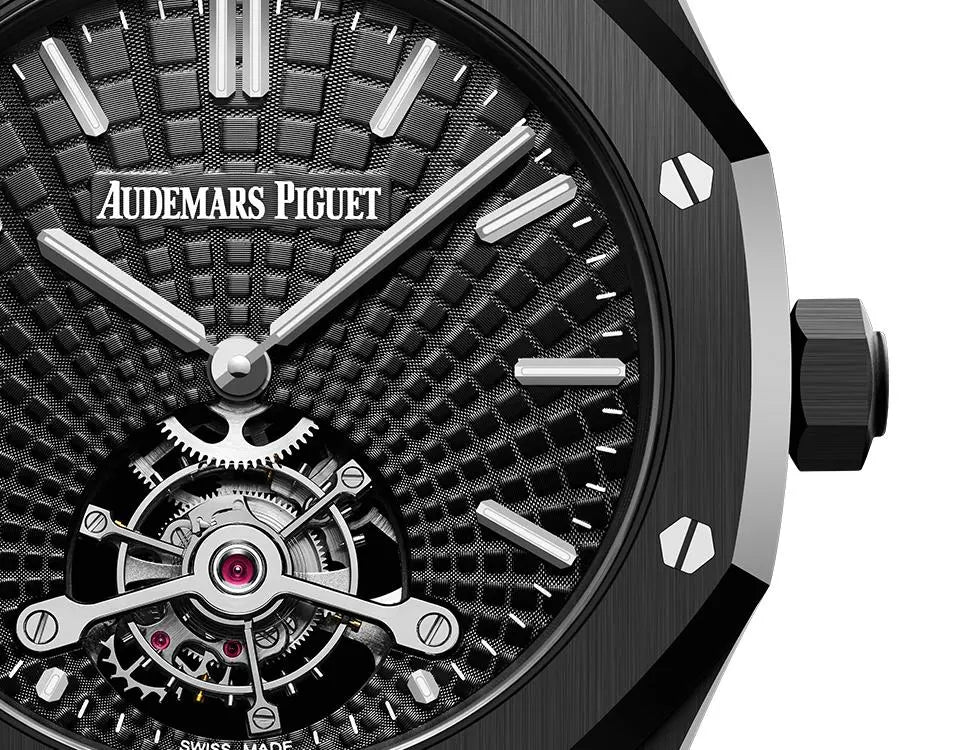 Audemars Piguet Royal Oak 26522CE.OO.1225CE.01 men's tourbillon watch, black dial, black ceramic bracelet – dial close-up
