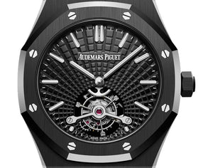 Audemars Piguet Royal Oak 26522CE.OO.1225CE.01 men's tourbillon watch, black dial, black ceramic bracelet – front close-up