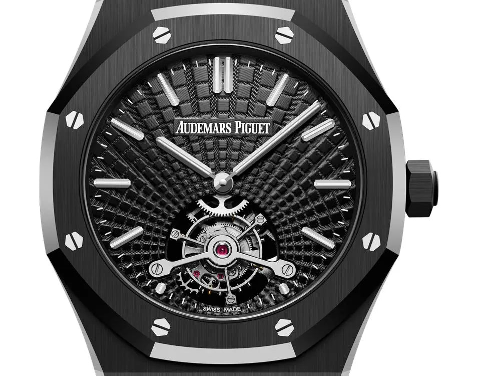 Audemars Piguet Royal Oak 26522CE.OO.1225CE.01 men's tourbillon watch, black dial, black ceramic bracelet – front close-up