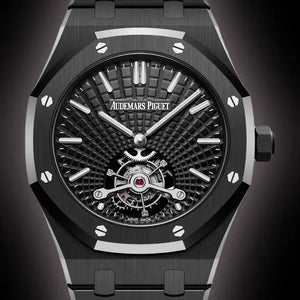 Audemars Piguet Royal Oak 26522CE.OO.1225CE.01 men's tourbillon watch, black dial, black ceramic bracelet – front view on dark background