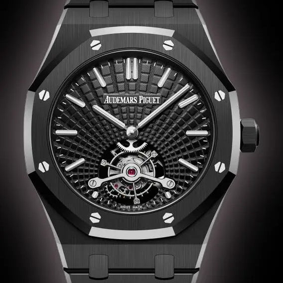 Audemars Piguet Royal Oak 26522CE.OO.1225CE.01 men's tourbillon watch, black dial, black ceramic bracelet – front view on dark background