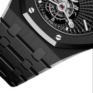 Audemars Piguet Royal Oak 26522CE.OO.1225CE.01 men's tourbillon watch, black dial, black ceramic bracelet – side angle close-up