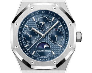 Audemars Piguet Royal Oak 26574ST.OO.1220ST.03 men's perpetual calendar watch, blue dial, silver stainless steel bracelet – dial close-up