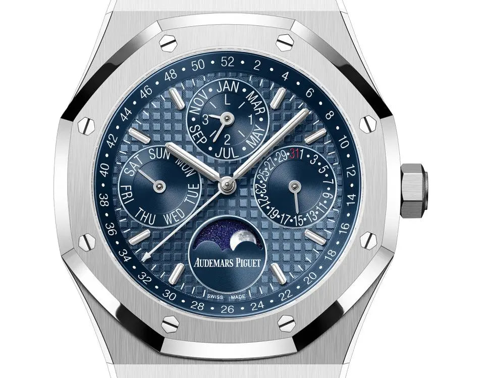 Audemars Piguet Royal Oak 26574ST.OO.1220ST.03 men's perpetual calendar watch, blue dial, silver stainless steel bracelet – dial close-up