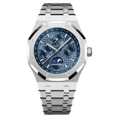 Audemars Piguet Royal Oak 26574ST.OO.1220ST.03 men's perpetual calendar watch, blue dial, silver stainless steel bracelet – front view
