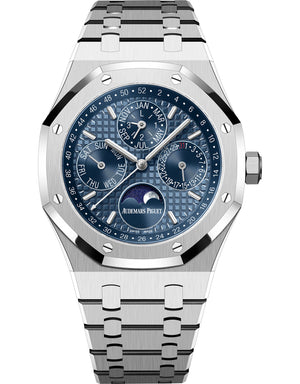 Audemars Piguet Royal Oak 26574ST.OO.1220ST.03 men's perpetual calendar watch, blue dial, silver stainless steel bracelet – full front view