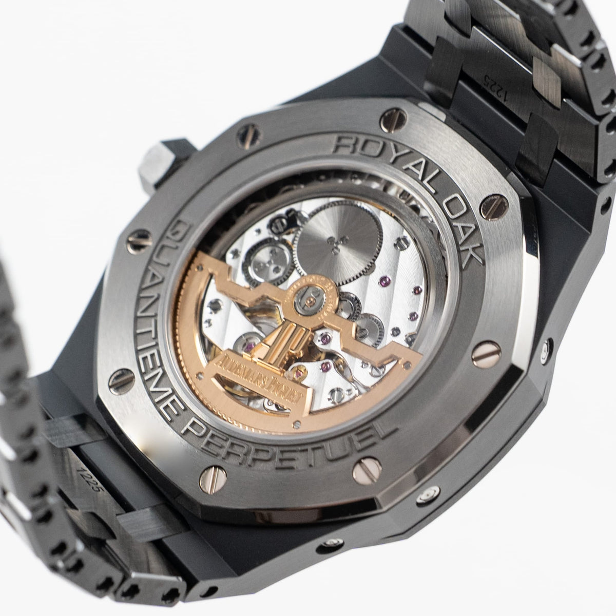Audemars Piguet Royal Oak 26579CE.OO.1225CE.01 men's perpetual calendar watch, black dial, black ceramic bracelet – caseback view