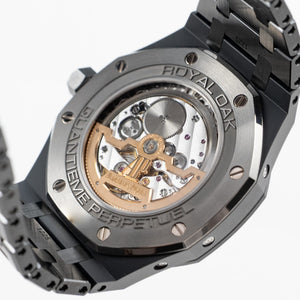 Audemars Piguet Royal Oak 26579CE.OO.1225CE.01 men's perpetual calendar watch, black dial, black ceramic bracelet – caseback view