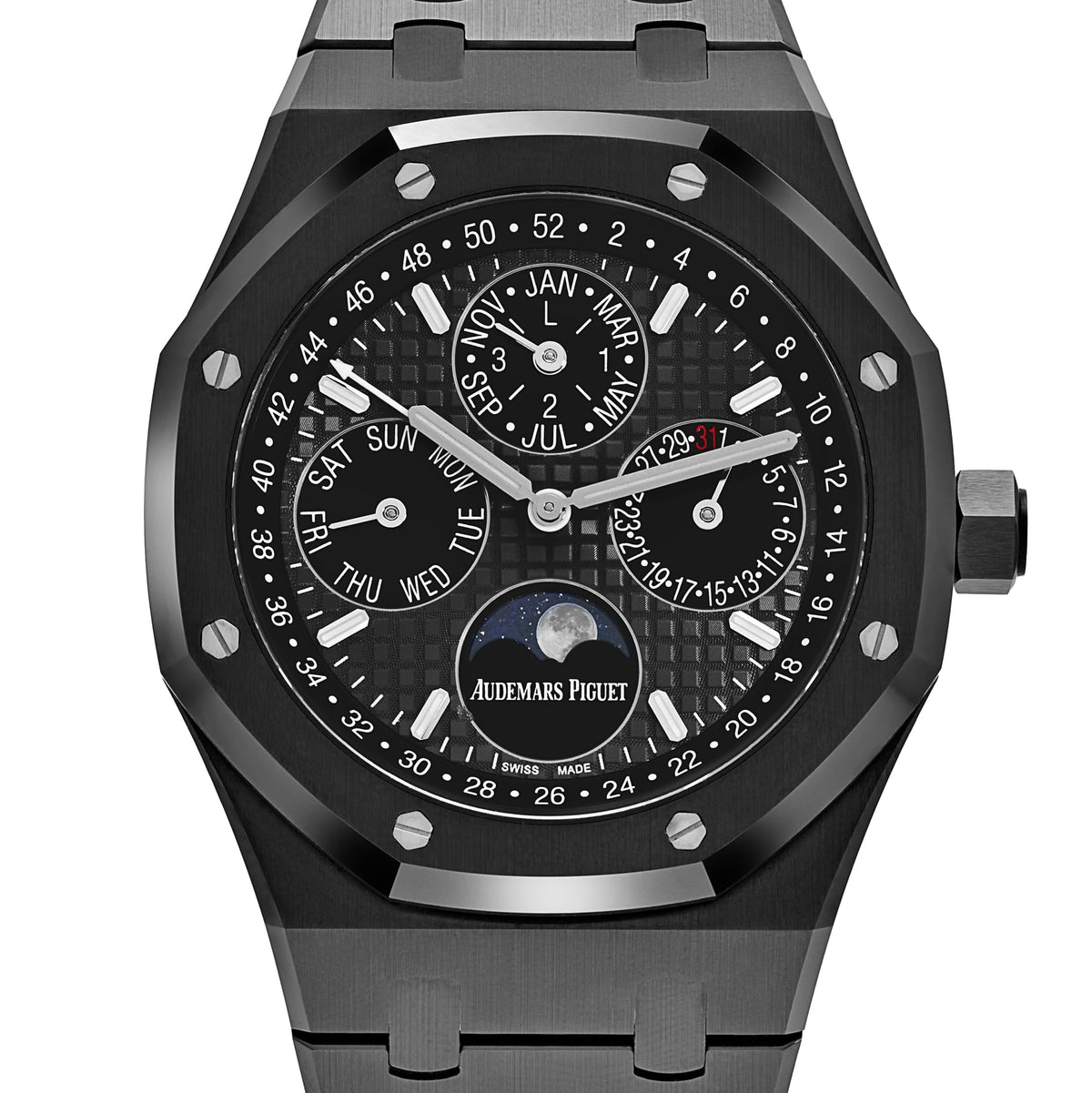 Audemars Piguet Royal Oak 26579CE.OO.1225CE.01 men's perpetual calendar watch, black dial, black ceramic bracelet – full front view