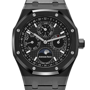 Audemars Piguet Royal Oak 26579CE.OO.1225CE.01 men's perpetual calendar watch, black dial, black ceramic bracelet – full front view