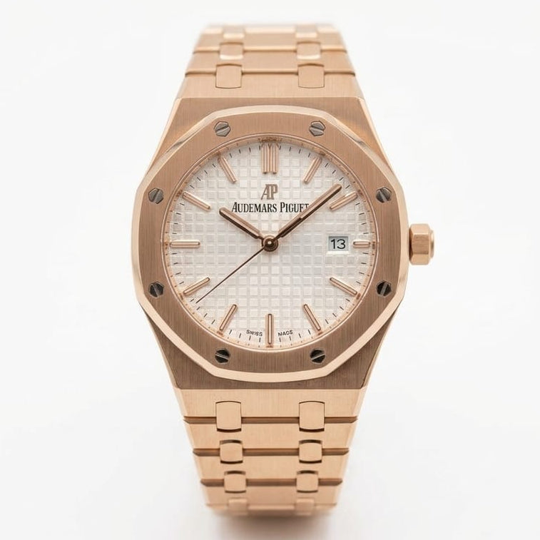 Audemars Piguet Royal Oak women's quartz watch, 33mm case, silver dial, rose gold strap – view 2