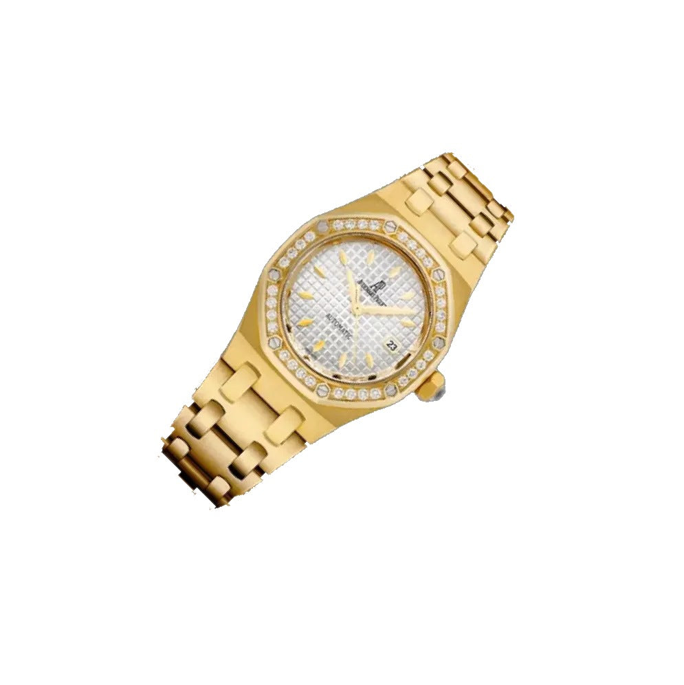Audemars Piguet Royal Oak 67651BA.ZZ.1261BA.01 women's quartz watch, silver dial, diamond bezel, yellow gold bracelet – angle view on white background