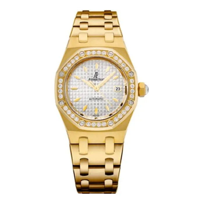 Audemars Piguet Royal Oak 67651BA.ZZ.1261BA.01 women's quartz watch, silver dial, diamond bezel, yellow gold bracelet – front view