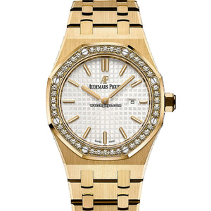 Audemars Piguet Royal Oak 67651BA.ZZ.1261BA.01 women's quartz watch, silver dial, diamond bezel, yellow gold bracelet – full front view