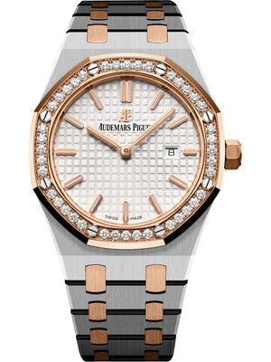 Audemars Piguet Royal Oak 67651SR.ZZ.1261SR.01 women's quartz watch, silver dial, diamond bezel, two-tone stainless steel bracelet – front view