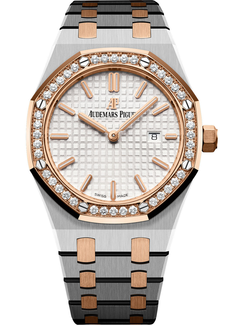 Audemars Piguet Royal Oak 67651SR.ZZ.1261SR.01 women's quartz watch, silver dial, diamond bezel, two-tone stainless steel bracelet – front view