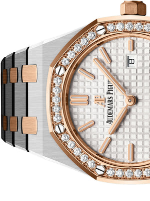 Audemars Piguet Royal Oak 67651SR.ZZ.1261SR.01 women's quartz watch, silver dial, diamond bezel, two-tone stainless steel bracelet – side close-up