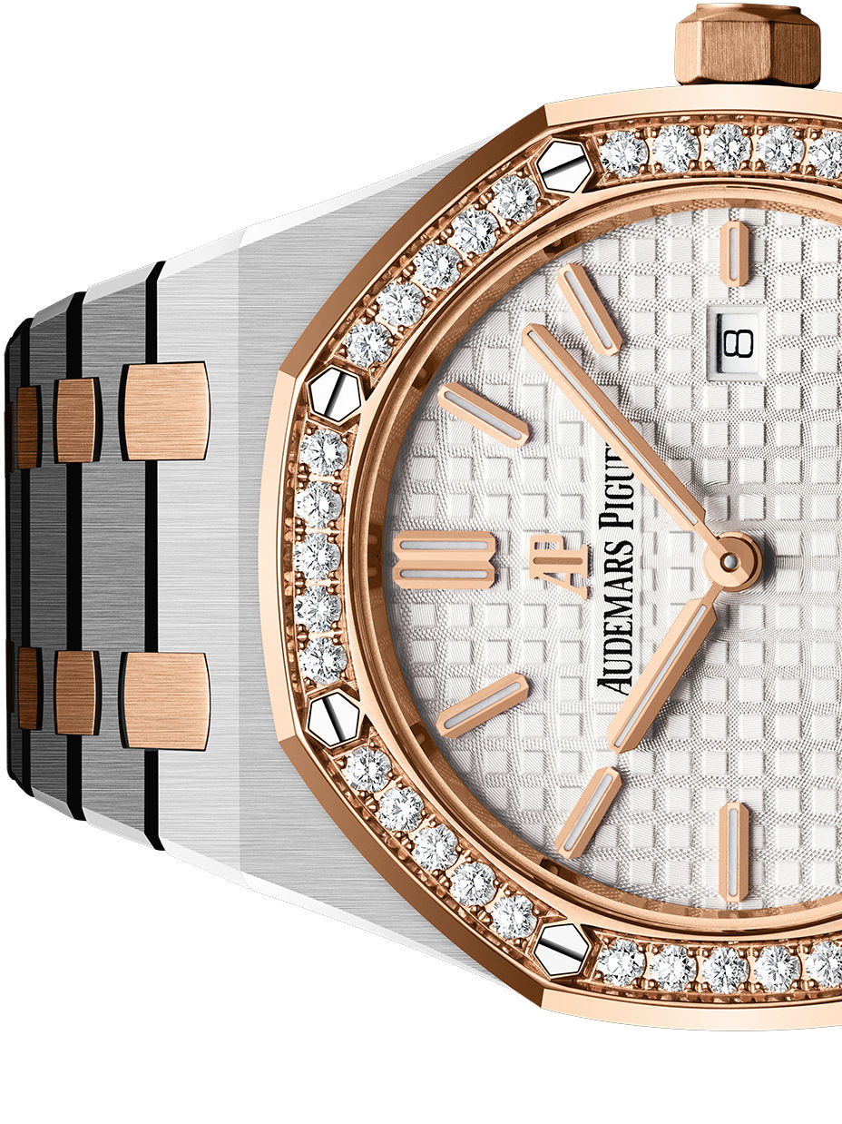 Audemars Piguet Royal Oak 67651SR.ZZ.1261SR.01 women's quartz watch, silver dial, diamond bezel, two-tone stainless steel bracelet – side close-up