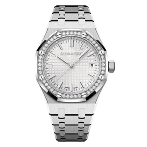 Audemars Piguet Royal Oak 67651ST.ZZ.1261ST.01 women's quartz watch, silver dial, diamond bezel, silver stainless steel bracelet – front view